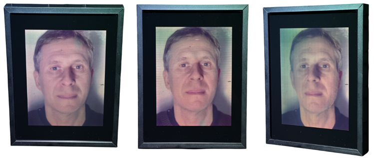 Three views of a framed full-color holographic portrait