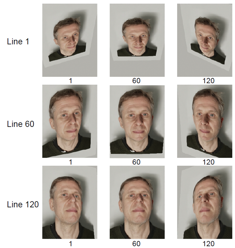 Nine rendered views of a portrait from different horizontal and vertical positions