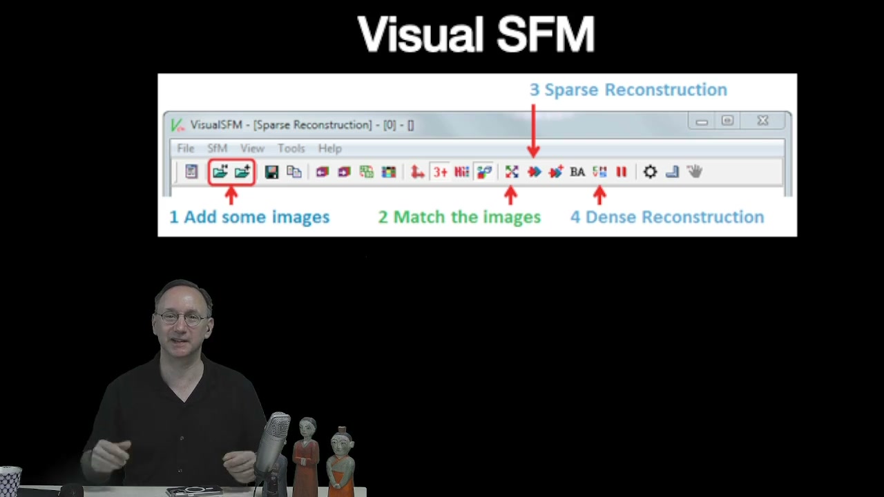 VisualSFM’s principal workflow: load images, match features, create the sparse reconstruction, and run dense reconstruction. Frame from the accompanying lecture.